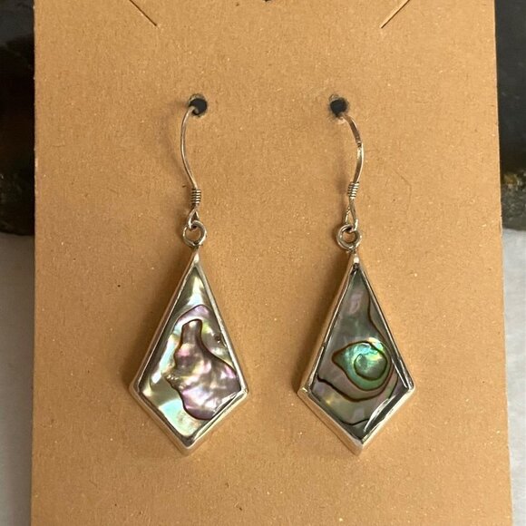 Sterling Silver 925 1.68" Kite Shaped Abalone Shell Inlay Dangle Earrings - Picture 1 of 16